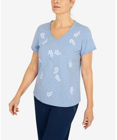 Women's Tossed Flower V-neck T-shirt Blue $32.67 Tops
