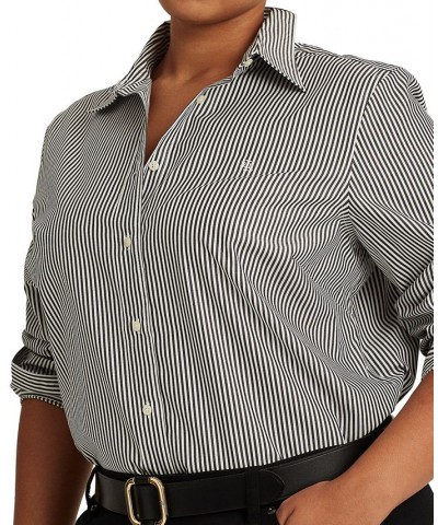Plus-Size Striped Easy Care Cotton Shirt Black/White $52.74 Tops