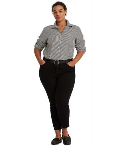 Plus-Size Striped Easy Care Cotton Shirt Black/White $52.74 Tops