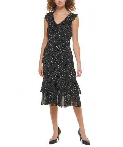 Women's Printed Ruffled Midi Dress Black White Combo $67.94 Dresses